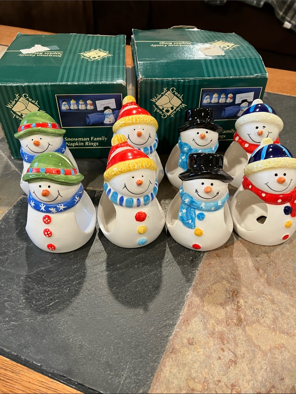 Walnut Creek 8 Snowman Family Napkin Rings with Place Card Slots VINTAGE